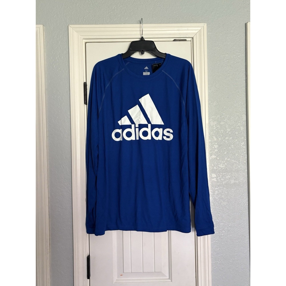 Adidas Shirt  Climalite Blue White Big Logo Long Sleeve Workout Gym Medium NWT‎